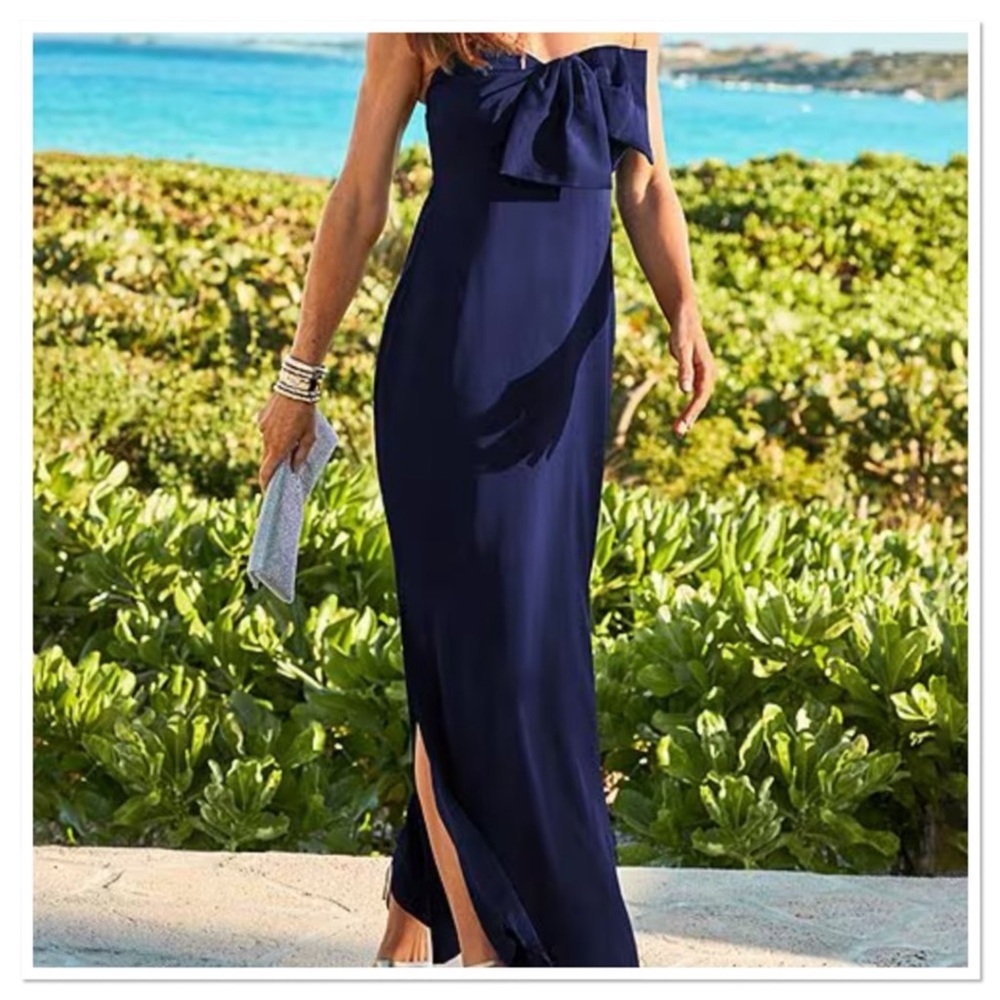 Lilly Pulitzer - "Carlynn" Strapless Satin Maxi Dress with Bow Navy Size 10